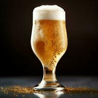 A glass of cold fresh beer with cap of foam. Splash of foam with tasty american beer. Beer day concept by AI Generated photo