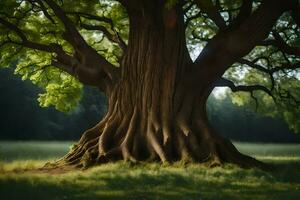 a large tree with large roots in the middle of a field. AI-Generated photo