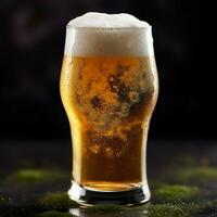 A glass of cold fresh beer with cap of foam. Splash of foam with tasty american beer. Beer day concept by AI Generated photo