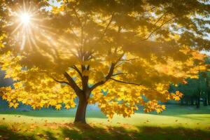 the sun shines through the leaves of a tree. AI-Generated photo