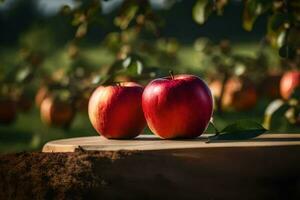 two apples are sitting on a stump in an apple orchard. AI-Generated photo