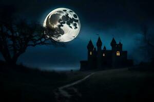 a castle in the dark with a full moon. AI-Generated photo