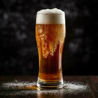 A glass of cold fresh beer with cap of foam. Splash of foam with tasty american beer. Beer day concept by AI Generated photo