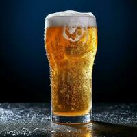 A glass of cold fresh beer with cap of foam. Splash of foam with tasty american beer. Beer day concept by AI Generated photo