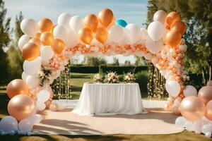 a wedding arch with balloons and white and gold balloons. AI-Generated photo