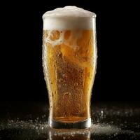 A glass of cold fresh beer with cap of foam. Splash of foam with tasty american beer. Beer day concept by AI Generated photo