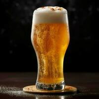 A glass of cold fresh beer with cap of foam. Splash of foam with tasty american beer. Beer day concept by AI Generated photo