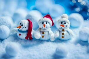 three snowmen wearing hats and scarves. AI-Generated photo