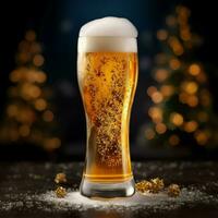 A glass of cold fresh beer with cap of foam. Splash of foam with tasty american beer. Beer day concept by AI Generated photo