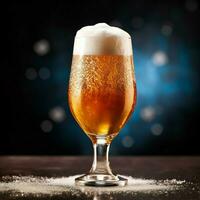 A glass of cold fresh beer with cap of foam. Splash of foam with tasty american beer. Beer day concept by AI Generated photo