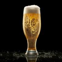 A glass of cold fresh beer with cap of foam. Splash of foam with tasty american beer. Beer day concept by AI Generated photo