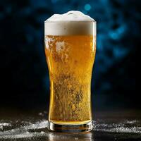 A glass of cold fresh beer with cap of foam. Splash of foam with tasty american beer. Beer day concept by AI Generated photo