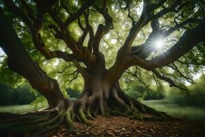 the sun shines through the branches of a large tree. AI-Generated photo