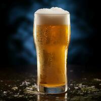 A glass of cold fresh beer with cap of foam. Splash of foam with tasty american beer. Beer day concept by AI Generated photo