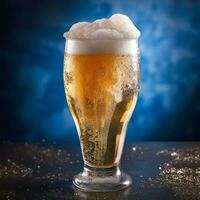 A glass of cold fresh beer with cap of foam. Splash of foam with tasty american beer. Beer day concept by AI Generated photo