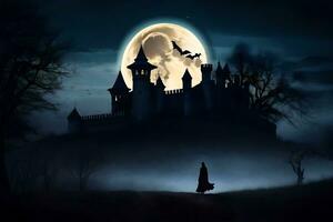 un hombre en un negro capa camina hacia un castillo en el oscuro. generado por ai foto
