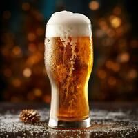 A glass of cold fresh beer with cap of foam. Splash of foam with tasty american beer. Beer day concept by AI Generated photo