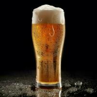 A glass of cold fresh beer with cap of foam. Splash of foam with tasty american beer. Beer day concept by AI Generated photo