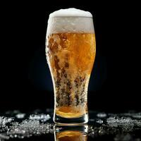 A glass of cold fresh beer with cap of foam. Splash of foam with tasty american beer. Beer day concept by AI Generated photo