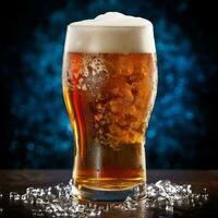 A glass of cold fresh beer with cap of foam. Splash of foam with tasty american beer. Beer day concept by AI Generated photo