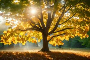 a tree in the middle of a field with the sun shining through it. AI-Generated photo