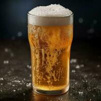 A glass of cold fresh beer with cap of foam. Splash of foam with tasty american beer. Beer day concept by AI Generated photo