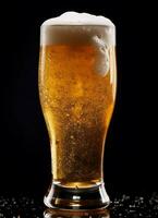 A glass of cold fresh beer with cap of foam. Splash of foam with tasty american beer. Beer day concept by AI Generated photo
