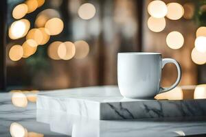 a white coffee cup on a marble table in front of a bokeh background. AI-Generated photo