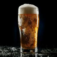 A glass of cold fresh beer with cap of foam. Splash of foam with tasty american beer. Beer day concept by AI Generated photo