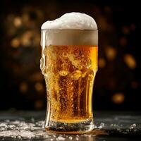 A glass of cold fresh beer with cap of foam. Splash of foam with tasty american beer. Beer day concept by AI Generated photo