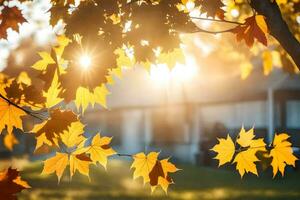 autumn leaves in front of a house. AI-Generated photo