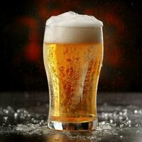 A glass of cold fresh beer with cap of foam. Splash of foam with tasty american beer. Beer day concept by AI Generated photo