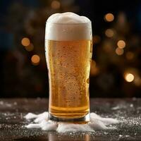 A glass of cold fresh beer with cap of foam. Splash of foam with tasty american beer. Beer day concept by AI Generated photo