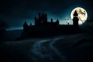 a castle in the dark with a full moon. AI-Generated photo