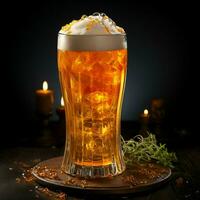 A glass of cold fresh beer with cap of foam. Splash of foam with tasty american beer. Beer day concept by AI Generated photo