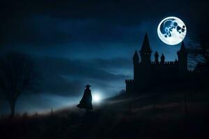 a man in a black cloak walks through a field at night with a castle in the background. AI-Generated photo