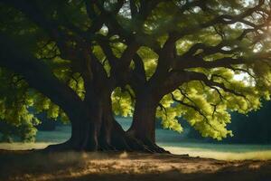 un grande árbol en el medio de un campo. generado por ai foto