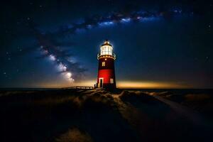 a lighthouse with stars in the sky and a starry sky. AI-Generated photo