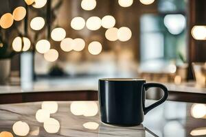 a black coffee cup on a marble countertop. AI-Generated photo