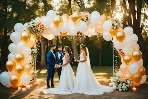 wedding couple under a golden balloon arch. AI-Generated photo