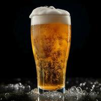 A glass of cold fresh beer with cap of foam. Splash of foam with tasty american beer. Beer day concept by AI Generated photo