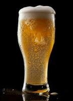 A glass of cold fresh beer with cap of foam. Splash of foam with tasty american beer. Beer day concept by AI Generated photo