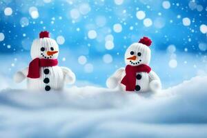 two snowmen are standing in the snow. AI-Generated photo