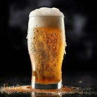 A glass of cold fresh beer with cap of foam. Splash of foam with tasty american beer. Beer day concept by AI Generated photo