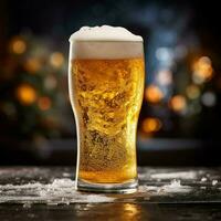 A glass of cold fresh beer with cap of foam. Splash of foam with tasty american beer. Beer day concept by AI Generated photo