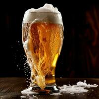 A glass of cold fresh beer with cap of foam. Splash of foam with tasty american beer. Beer day concept by AI Generated photo