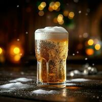 A glass of cold fresh beer with cap of foam. Splash of foam with tasty american beer. Beer day concept by AI Generated photo