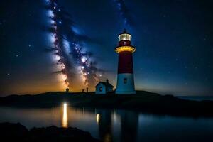 a lighthouse with stars and a reflection in the water. AI-Generated photo