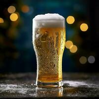 A glass of cold fresh beer with cap of foam. Splash of foam with tasty american beer. Beer day concept by AI Generated photo