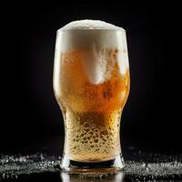 A glass of cold fresh beer with cap of foam. Splash of foam with tasty american beer. Beer day concept by AI Generated photo